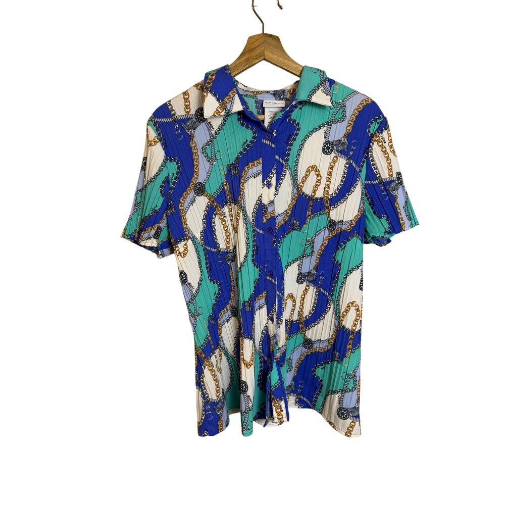 VTG Jaclyn Smith Green Gold White Short Sleeve Button Up Women’s Sz XL